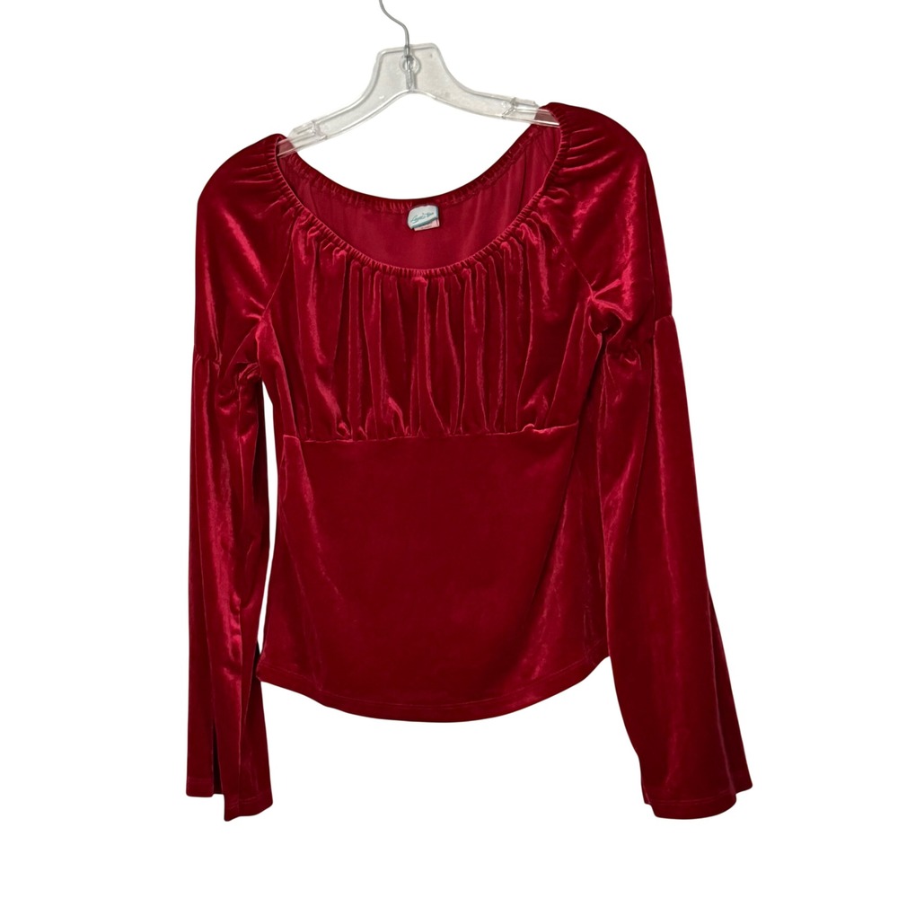Vintage Agaci Too Velvet Babydoll Top Red Ruched Bell Sleeve Renaissance - Small